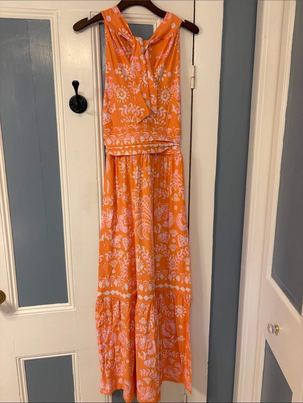 Lilly Pulitzer Montecito Halter Maxi Dress Papaya Breezy Palm Engineered Print - Picture 7 of 10